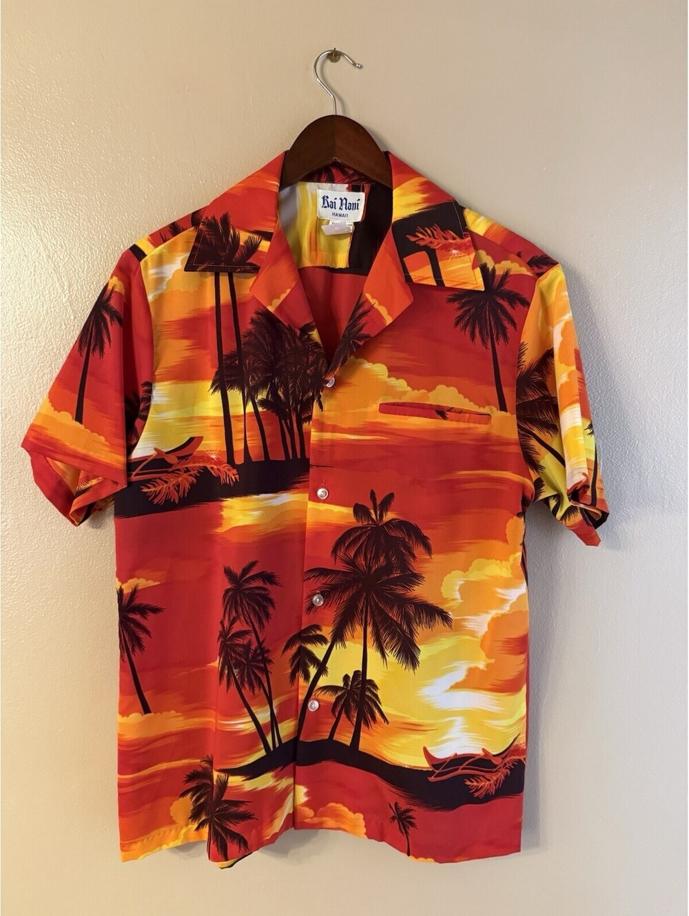 Vintage 70’s Rai Nani Hawaiian Shirt Men’s M Orange Sunset Palm Tree Hawaii